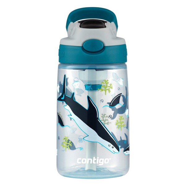 Contigo Aubrey Kids Cleanable Water Bottle with Silicone Straw and Spill-Proof Lid, Dishwasher Safe, 14oz, White Sharks