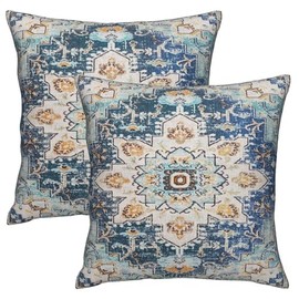 Throw Pillow Cover, Boho Style Ethnic Design Pattern Linen Carpet, Tribal Pattern Throw Pillow Case, Cushion Cover, Home Office Decorative Square 18x18 inch （2pcs (Blue)
