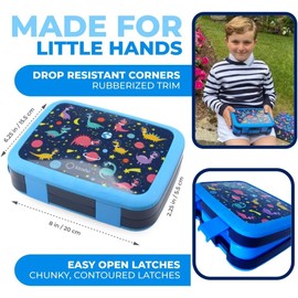 kinsho Kids Lunch Box - Bento Box for Boys Toddler Daycare, 4 Portion Sections with Lid, Snack Container Pre-School Kid Lunches Toddlers Removable Tray BPA Free, 3+ Years Old, Blue Rocket Dinosaur
