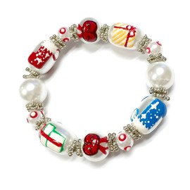 Linpeng 3D Hand Painted Glass Beads Christmas Stretch Bracelet in Bag, Pearly White