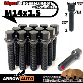 ARROW 20x Black 14x1.5 Lug Bolt 60mm Fit C300/GLA250 &Mercedes StockRim 30-35mm Spacer