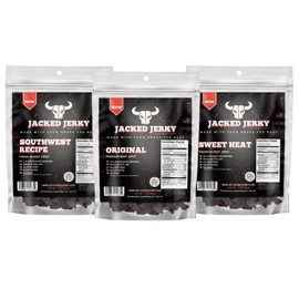 Jacked Jerky Beef Jerky - Variety Pack - Premium Grass Fed Beef Jerky - 12G Protein Per Serving - Gluten Free - No MSG - No Nitrates - Low Sodium - Delicious Craft Beef Jerky - All Natural - Made in USA (3 Pack)