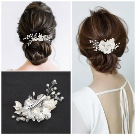 ECSiNG 2Pcs Pearl White Petal Hair Clips White Crystal Hair Combs Rhinestone Flower Hair Clips Head Pieces Decorative Accessories for Lady Girls Women