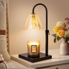 Shang Chiang Golden Floral Candle Warmer Lamp with Timer & Dimmable Light - Adjustable Height Jar Candle Melter with Ebony Wooden Base, Home Decor Gift Set (Includes 2 Bulbs)