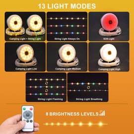 Solar Camping String Lights, 4 in 1 Quick Storage 33FT Rechargeable Tent Lights with 13 Lighting Modes, Hanging Waterproof Portable Retractable LED Lamp for Outdoor, Patio, RV, Awning, Garden, Party