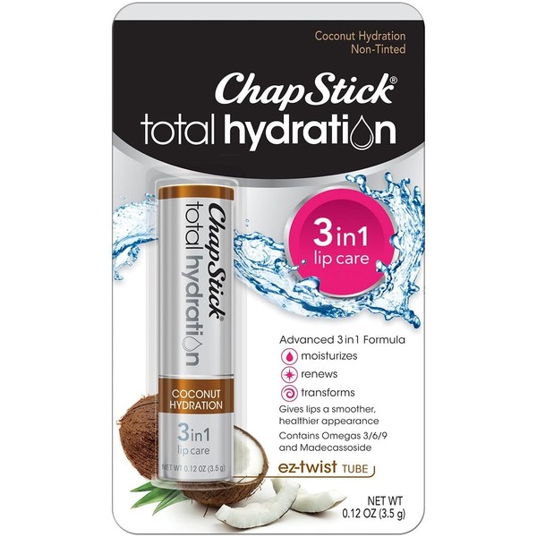 ChapStick Total Hydration (Coconut Hydration Flavor, 1 Blister Pack of 1 Stick) Flavored Lip Balm Tube, 3 in 1 Lip Care, Contains Omegas 3/6/9, 0.12 Ounce