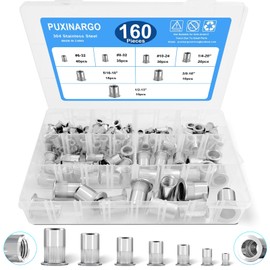 Rivet Nut Tool Kit,160Pcs SAE Rivet Nut Assortment Kit #6-32, #8-32, #10-24, 1/4-20, 5/16-18, 3/8-16, 1/2-13, Stainless Steel Flat Head Rivnut Set,Rivnut Threaded Insert Nut