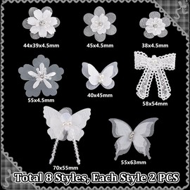 AHANDMAKER 16Pcs Butterfly Lace Flower Applique, White Organza Butterfly Patches Pearl Chiffon Floral Lace Appliques Bow Patches, Sew on Applique for Sewing DIY Craft Clothes Headbands Accessories