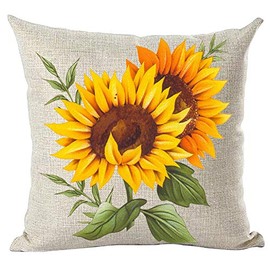 Ramirar Ink Oil Painting Watercolor Orange Sunflowers Green Leaves Summer Decorative Throw Pillow Cover Case Home Living Room Bed Sofa Car Cotton Linen Square 18 x 18 Inches