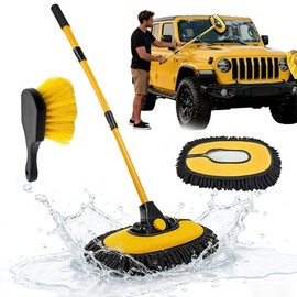 Cepillo para Lavar Carros con Mango Largo, 15° Curvado. Kit de Limpieza para Auto con Barra Extensible 50-120cm. Ideal para Exteriores, Camionetas, Techos, Cristales, Barcos y Uso Doméstico. (A)