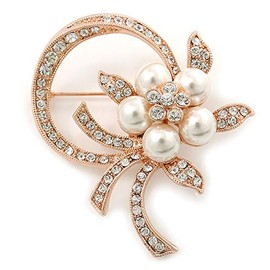 Bridal Crystal, Similutated Pearl Flower Brooch In Rose Tone Gold - 50mm Across