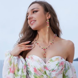 Ever Faith Floral Jewelry Sets for Women, Wedding Brides Bridal Rhinestone Crystal Flower Leaf Vine Pendant Necklace Long Dangle Earrings Set for Prom Party Multicolor Gold-Tone