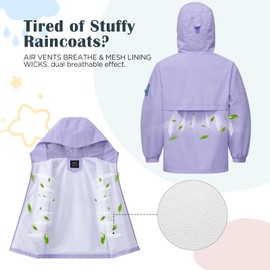 Veridra Kids Rain Jacket with Air Vents Mesh Lining, Hooded Raincoats with Extended Brim for Boys Girls Lightweight Waterproof Windbreaker Coat (Purple,5-6 Years)