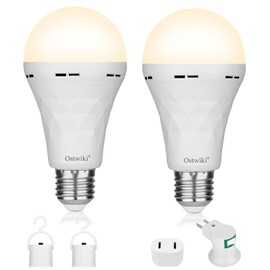 Ostwiki 2 Pack Rechargeable Light Bulb,Emergency Light Bulbs for Power Outage Hurricane Camping 9W E27 3000K Warm 1200mAh Battery Backup Soft Light Bulbs for Lamps,Battery Bulb