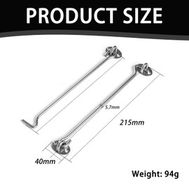 2PCS Cabin Hook Eye Door Latch, Stainless Steel 8 Inch Gate Cabinet Latches with Mounting Screws, Apply to Wooden Gates, Window Brace Gate Door Catch (Silver）