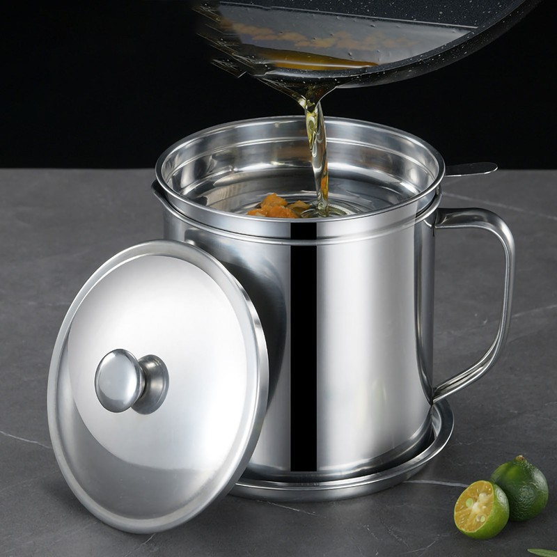 Oil Container Grease Pot Stainless Steel Strainer Large Capacity for