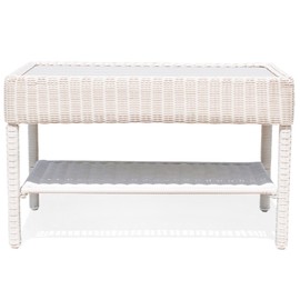 Modern 34" Wicker Coffee Table with Gray HIPS Top - Waterproof HDPE Rattan & UV-Resistant, 2-Tier Storage Hand-Woven Outdoor Table for Patio, Garden, Balcony (Off White & Gray)