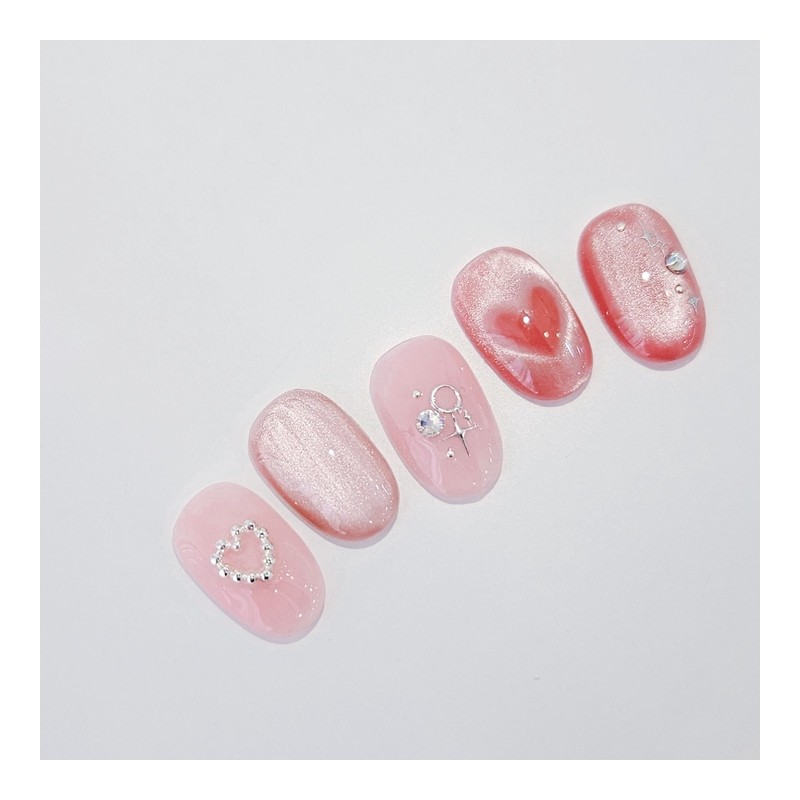Heart Beam Handmade Nail Tips Pink Heart Magnetic Gel -