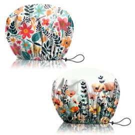 Deokke 2 PCS Shower Cap Reusable Waterproof Adjustable Double Layer Elastic Dry Hair Bathing Caps Aesthetic Cute for Women Girls-Flower