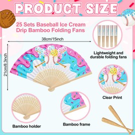 25 Sets Ice Cream Drip Baseball Party Favors Included Bamboo Folded Hand Fan with Thank You Tag Organza Bag Sport Theme Birthday Camping Home Parties Decorations Souvenirs