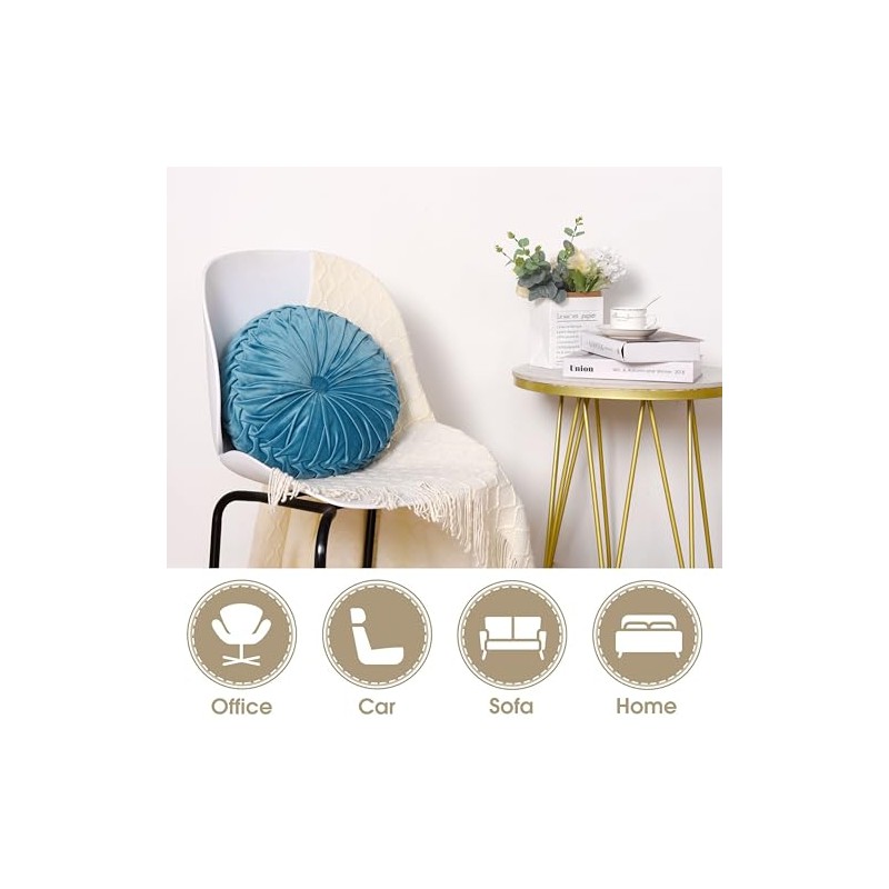 Hig Juego Almohadas Decorativas Redondas Plisadas Terciopelo Azul Polvoriento