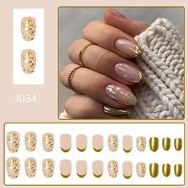 Gold French Tip Press on Nails Short Almond Fake Nails Glitter Foils Designs Glossy Glue on Nails Almond Shape Full Cover Nails Tips False Nails Reusable Artificial Acrylic Nails for Women Girls 24Pcs