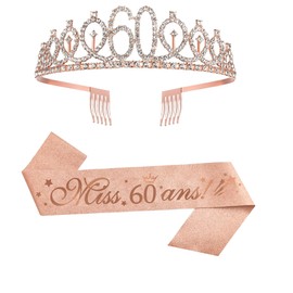 Set of 2 60th Birthday Sash and Tiara Pink Birthday Sash Birthday Crown 60 Birthday Crown Princess Crystal Crown Sash for Women, 60th Birthday Gifts Party Supplies, Polyester