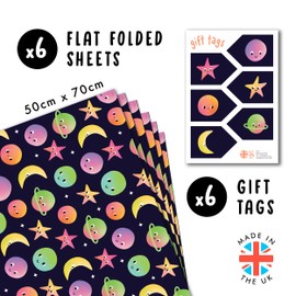 Black Wrapping Paper - Space Wrapping Paper - 6 Sheets Of Gift Wrap - Planet Star Moon - Kids Wrapping Paper For Baby Boy And Girl - Comes With Stickers - By Central 23