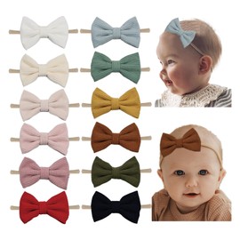 Esumun Baby Girl Corduroy Hair Bow Nylon Headband, Tiny Bow Hair Bands 12pcs for Newborn Infant Toddlers (corduroy A 12PCS)