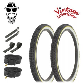 Vintage Lowrider TIRES 24 x 2.125 BLACK/WHITE YELLOW LINE HF-133 W/ TUBES, RIM STRIPS, & LEVERS.