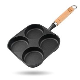 JUSTUP Nonstick Frying Pan,4-Cup Cast Iron Egg Pan Divided Grill Pan with Wooden Handle,Breakfast Skillet Omelet Pan for Egg,Steak and Burgers (Black)