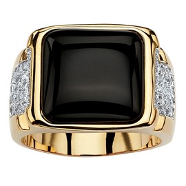 PalmBeach Men's Yellow Gold-Plated Cushion Natural Black Onyx and Round Cubic Zirconia Ring Sizes 8-16 Size 9