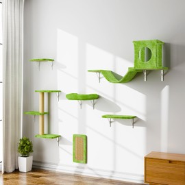 NUNU LAB Cat Wall Shelves, 6-in-1 Wall-Mounted Cat Furniture Set, Large Cat Climber Set with House, Bridge, Steps, Scratcher, DIY Playground, Shelves for Indoor Wall Furniture Set - Green