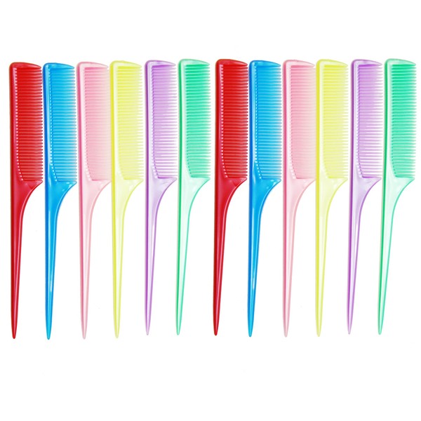 LUXXII 8" Sturdy Rat Tail Combs Fine-Tooth Hair Comb with Handle for Salon Hair Stylist, Barber Combs (12 Count, Assort Color)