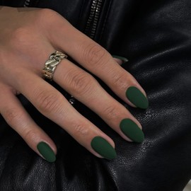 Matte Dark Green Press on Nails Short Oval Acrylic Nails Press on, Solid Color Medium Short Oval Fake Nails for Women Reusable Thick Round Nails Glue on, Medium Almond Nails Soft Gel False Nails 24Pcs