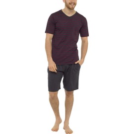 Tom Franks Mens Striped Cotton Jersey T Shirt & Short Pyjamas Grey Marl & Red XX-Large