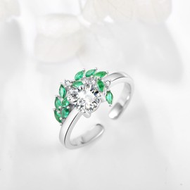 PRAYMOS Leaf Rings for Women Sterling Silver Green Rings for Women Adjustable Vine Ring Nature Ring Jewelry, Sterling Silver, Cubic Zirconia