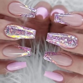Nail Apparel Cute Medium Length Square Glitter Glossy Press on Nails with Designs 3D Rhinestone Cute Kawaii Fake Nails 24Pcs for Woman (Long Ballet Purple Glitter)