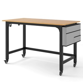 LDAILY Standing Desk with Wheels, Metal Frame Conference Table on Wheels with Storage Bag and Headphone Hooks, Rolling Computer Desk with Universal Wheels for Living Room, Study Room (1, Natural)