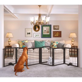 JSB 144-inch Extra Wide 30-inch Tall Dog gate with Door Walk Through, Freestanding Pet Gate for Halls, Stairs & Home, Pet Puppy Safety Dog Fence with 2PCS Support Feet (Black)