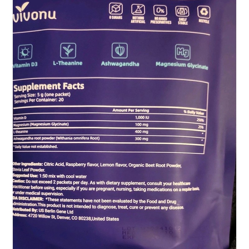 VivoNu Calm & Sleep Powdered Drink Mix Raspberry L Theanine