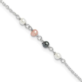 Auriga Fine Jewelry 925 Sterling Silver Polished Syn. Pink, Black, White Pearl Plus 1" ext. Cable Chain Anklet 9.75"