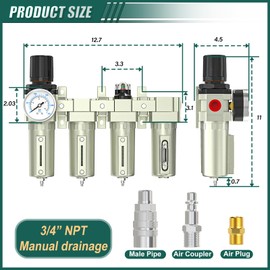 BOGERDACK Industrial Grade 4-Stage Air Drying System, 3/4" Npt With Manual Drain, Desiccant Dryer, Air Regulator, Particulate Filter and Coalescing Filter For Paint Spray, Plasma Cutter