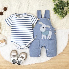 CETEPY 9-12 Month Boy Clothes Infant Summer Outfits Short Sleeve Striped Baby Romper Cute Cartoon Dog Button Overall Pants Set 2pcs Blue