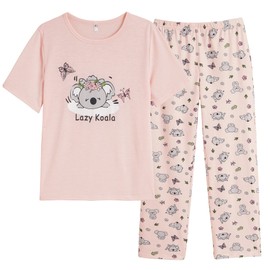 Vopmocld Big Girls' Short Sleeve Long Pants Pajama Sets 2PCS Cartoon Pattern & Letters Printed Sleepwear Lounge for Teens, Koala, 16