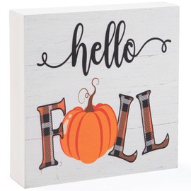 Fall Decorations for Home Office, Rustic Hello Fall Pumpkin Wood Box Sign Desk Decor, Autumn Harvest Thanksgiving Tabletop Counter Shelf Square Sign Gifts 6 x 6 Inches