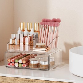 Organizador transparente para maquillaje con cajón, vitrinas de cosméticos, caja de almacenamiento de maquillaje (Color transparente-2 capas)