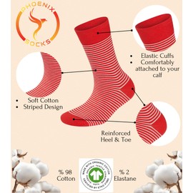 Phoenix Socks 3 Pairs Socks For Womens Organic Cotton Casual Crew Colorful Thin Striped Calf Socks Stylish and Fun Soft Dress Hosiery Breathable Moisture Wicking Fit Snug and Reinforced (Pomegranate)