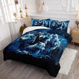 AILONEN Wolf Print Bedding Set Queen Comforter Set, Cartoon Animals Wolf Comforter Set,Nigh Starry Outdoor Wolf Bed in a Bag Duvet Set 3 Pieces, 1 Quilt and 2 Pillowcases