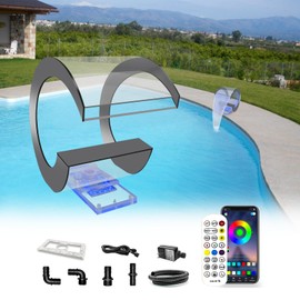 LONGRUN J-Shaped Waterfall Spillway Acrylic Swimming Pool Fountain with Color Changing LED Light, Outdoor Pond Waterfalls Kit for Garden Patio Swimming Pool Koi Ponds Decoration -13.6" Height